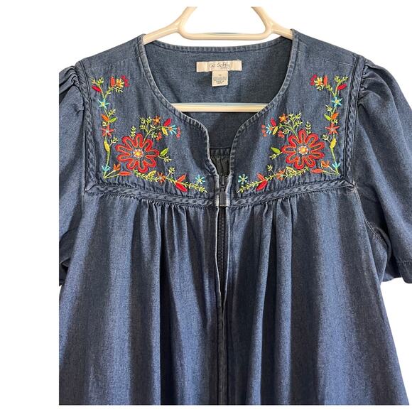 Go Softly Patio Retro Denim Dress with Floral Embroidery Size Small 100% Cotton - Picture 1 of 10
